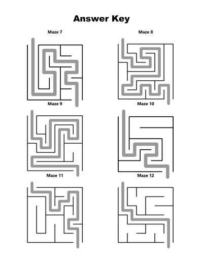 A page of the answer key showing six solved mazes