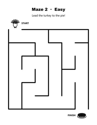 An easy maze from the book: lead the turkey to the pie